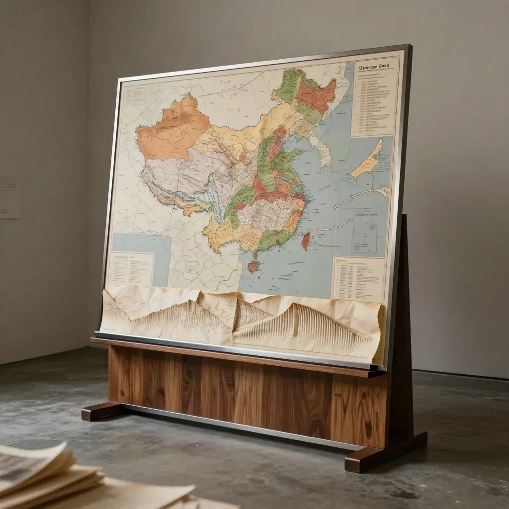Podświetlona tablica map z kolorowymi blokami i próbką terenu w ciemnym wnętrzu.